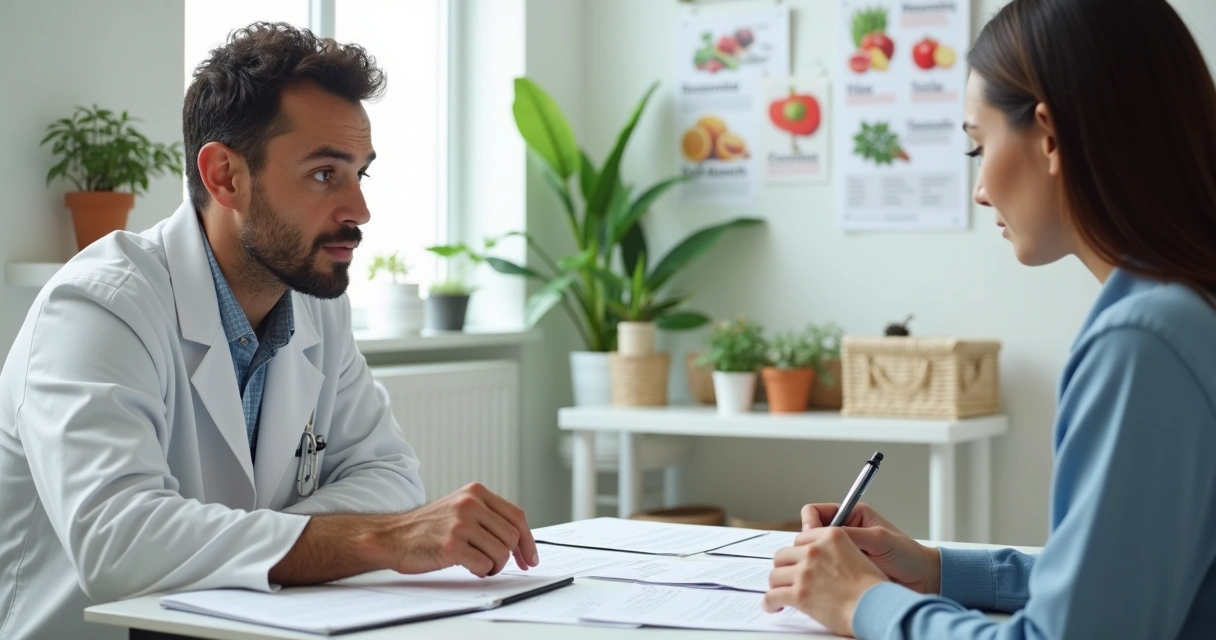 Consulta de nutrologia com médico e paciente conversando em ambiente de clínica