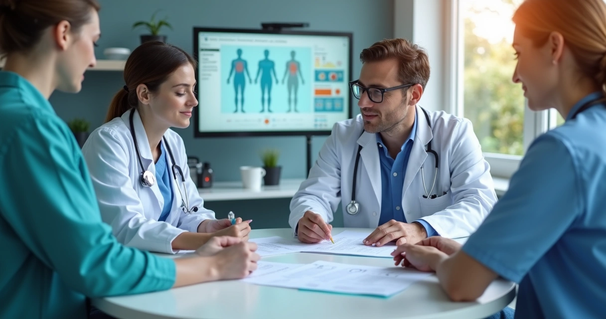 Profissionais de saúde analisando exames juntos em clínica moderna 