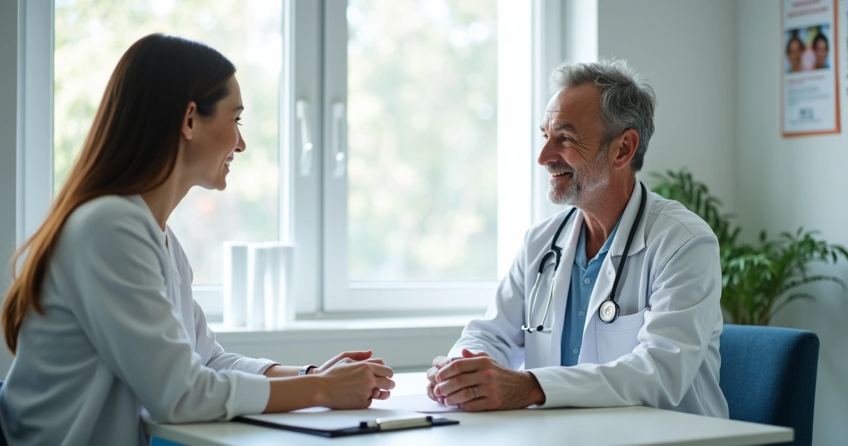 Médico e paciente conversando em consultório, papéis e prontuários na mesa, ambos sorrindo