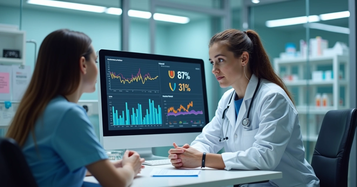 Profissional de saúde analisando exame laboratorial com paciente 