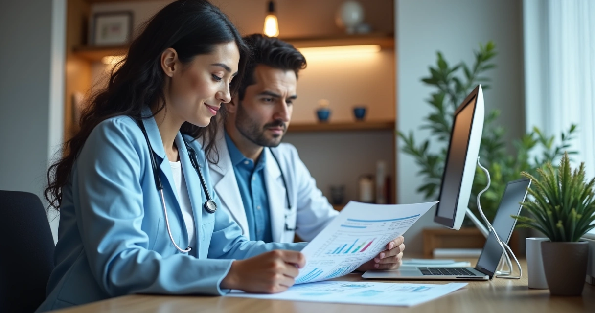 Nutrólogo conversa com paciente durante explicação de exames laboratoriais 