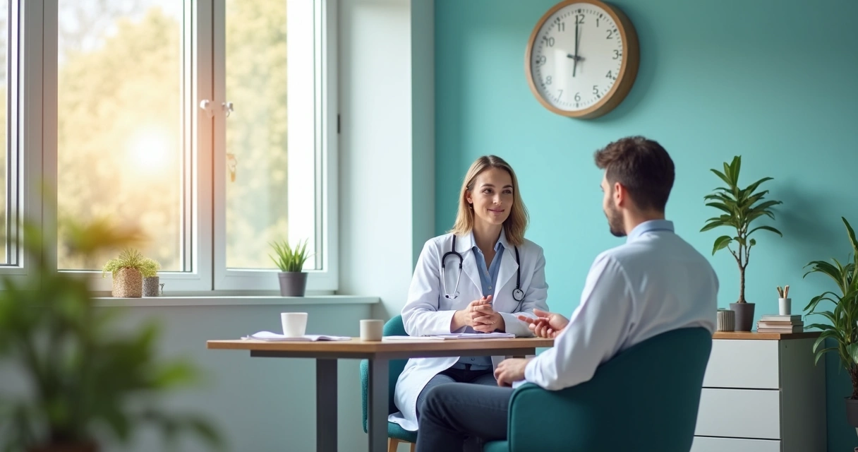 Sala de clínica de saúde ocupacional com médico atendendo funcionário 