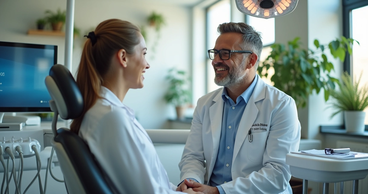 Dentista atendendo paciente em clínica moderna com expressão acolhedora