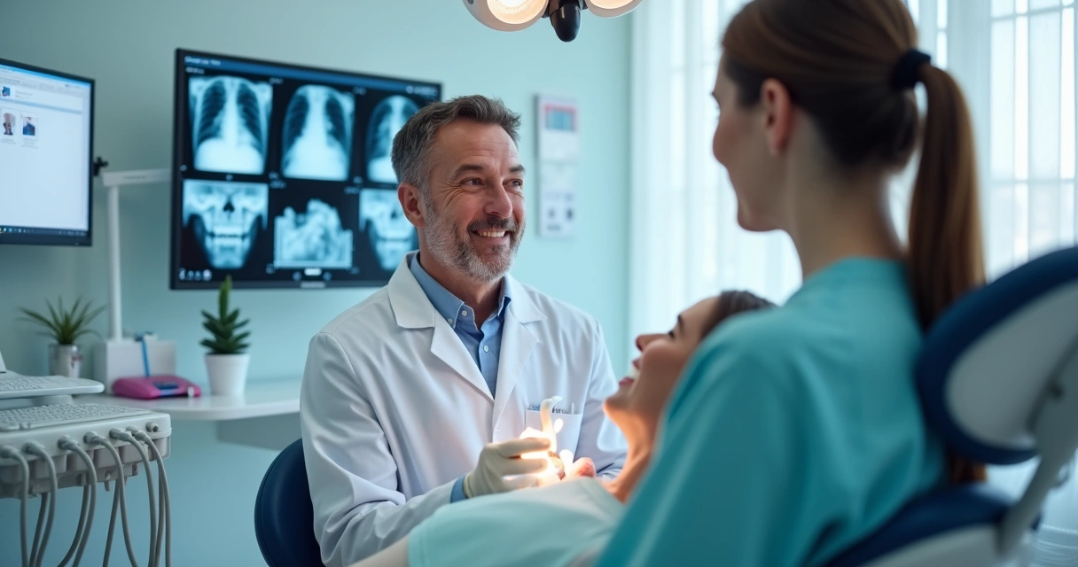 Dentista atendendo paciente em consultório moderno