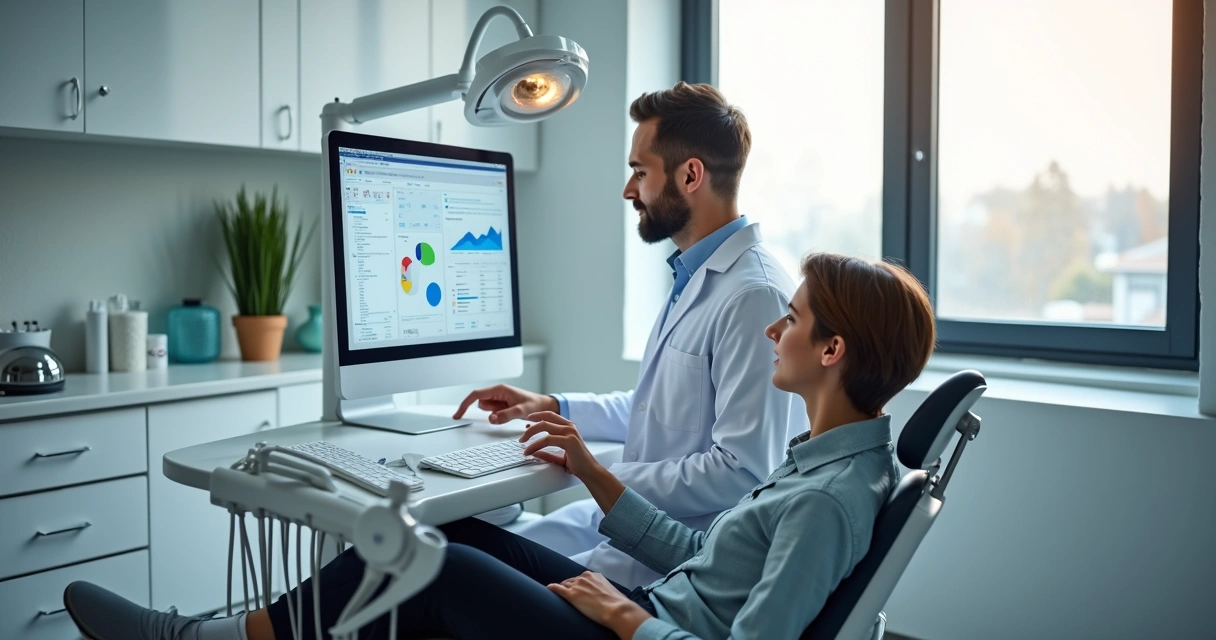 Dentista autônomo utilizando computador durante atendimento a paciente