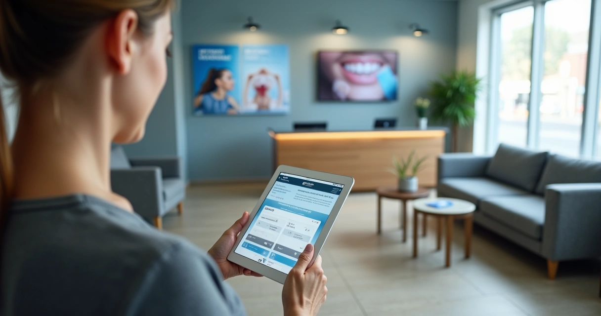 Paciente olhando site de clínica odontológica em tablet