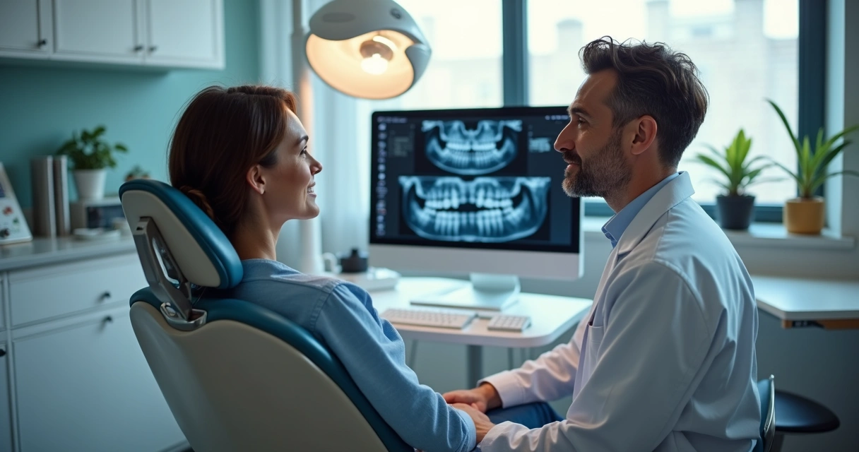 Dentista avaliando paciente fumante em consultório moderno 
