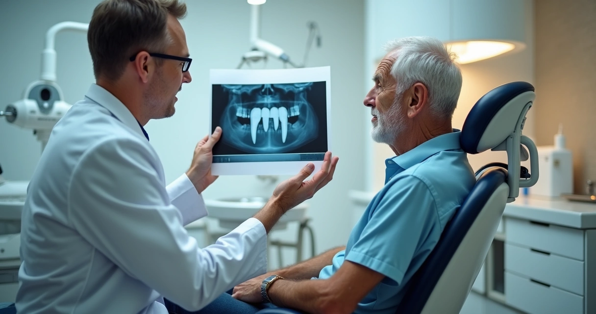 Odontologista analisando radiografia de um idoso durante consulta odontológica 