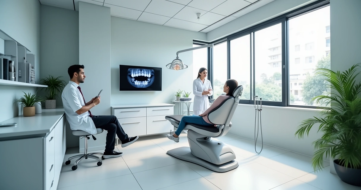 Dentista e paciente em consultório moderno no momento da consulta 