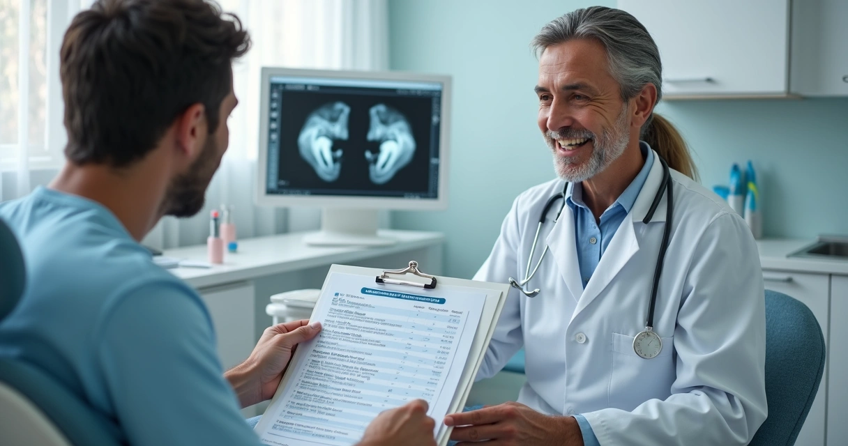 Dentista mostrando cobertura de plano em consulta