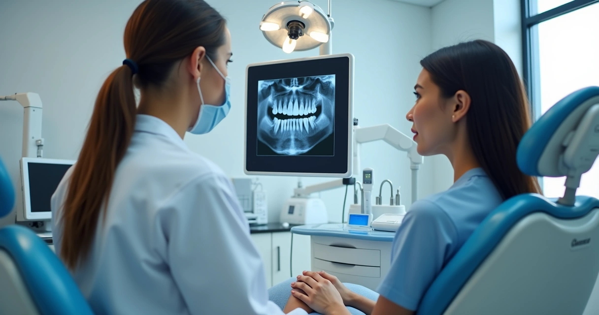 Dentista mostra radiografia para paciente durante consulta