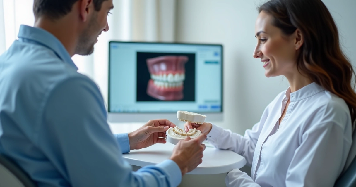 Dentista explicando prótese protocolo ao paciente 