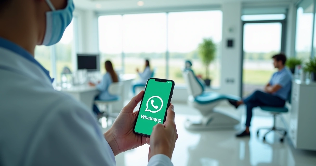 Dentista em clínica odontológica usando smartphone para atendimento via WhatsApp com paciente 