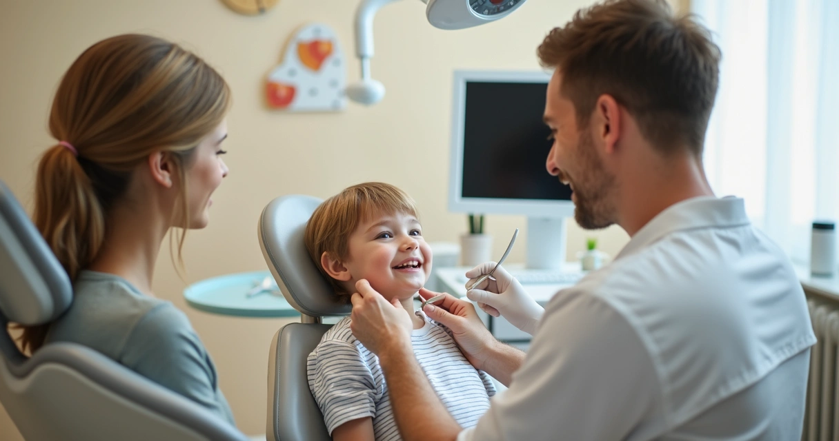 Dentista infantil atendendo criança com responsável ao lado 