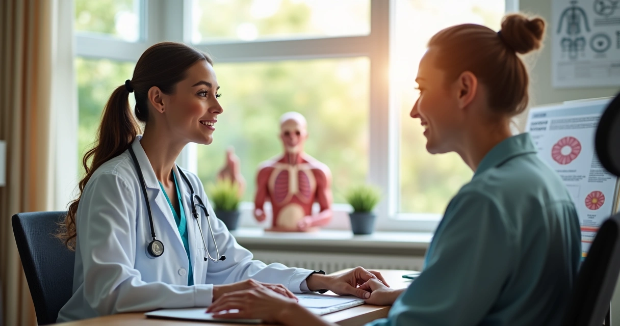 Médica oncologista atendendo paciente adulto em consultório acolhedor com equipamentos médicos modernos e luz natural 