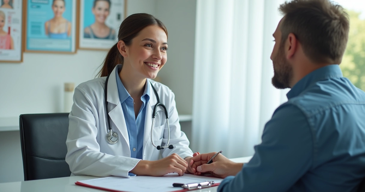 Médica oncologista atendendo paciente em consulta em consultório moderno e iluminado 