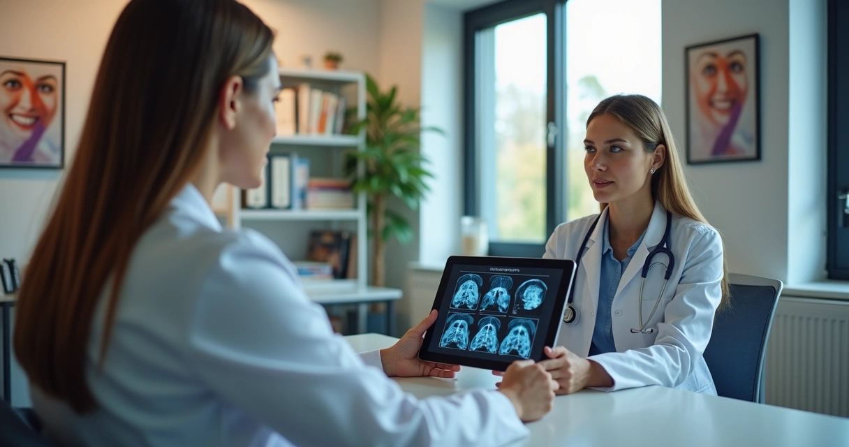 Médico oncologista conversando com paciente em consulta em ambiente clínico moderno e acolhedor 