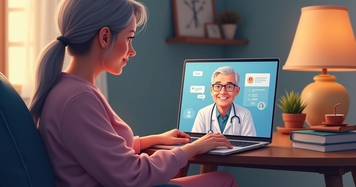 Paciente adulto em consulta oncológica online com tela dividida mostrando o oncologista e o paciente 