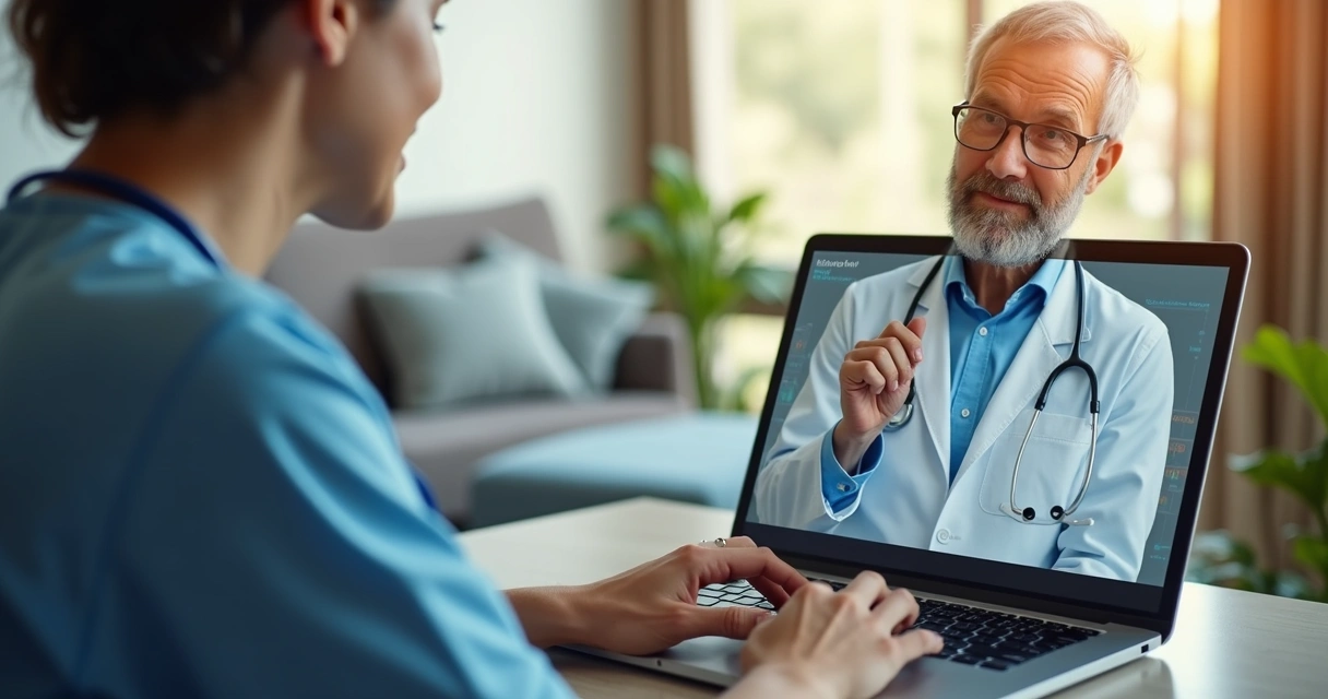 Profissional de saúde atendendo paciente em consulta oncológica online em laptop moderno, ambiente iluminado e acolhedor 