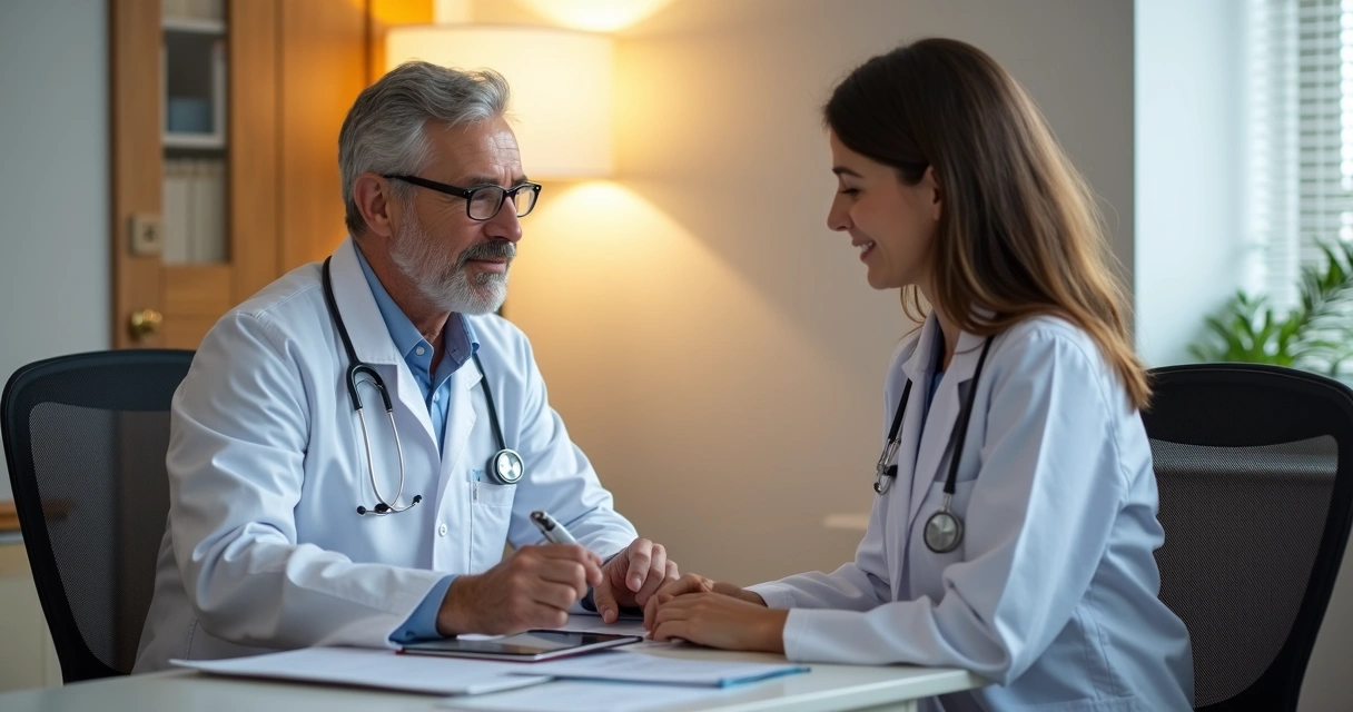 Consulta médica entre oncologista e paciente em consultório 