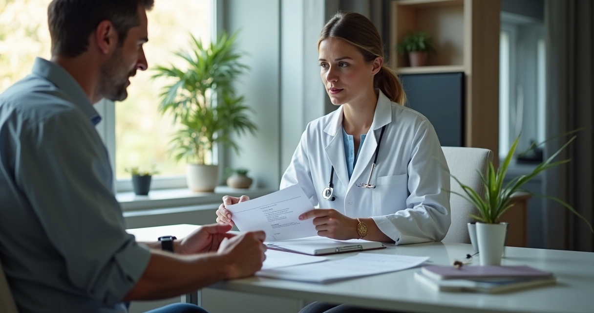 Oncologista apresentando resultados de teste genético a paciente em consultório moderno 