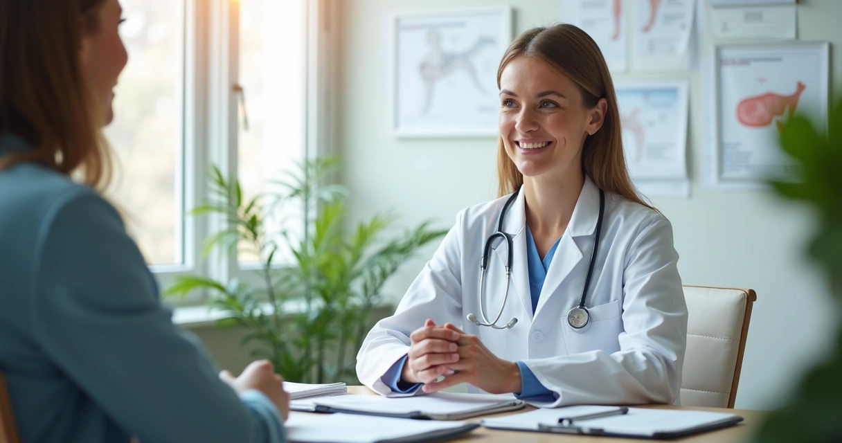 Médica oncologista conversando com paciente adulto em consultório 