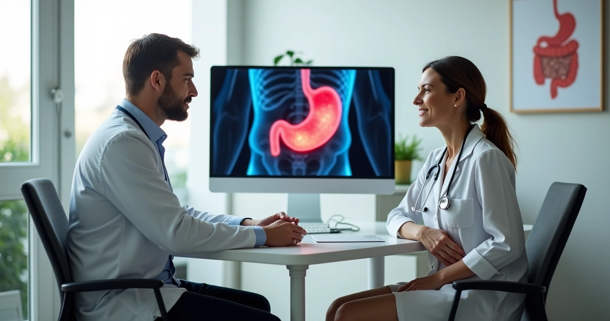 Médico explicando em consulta sintomas iniciais de câncer de estômago para paciente adulta 