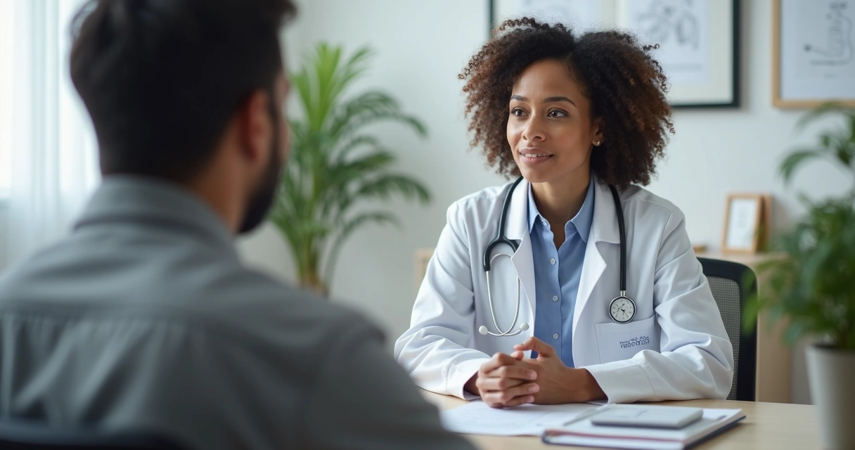 Oncologista em consultório conversando com paciente adulto 