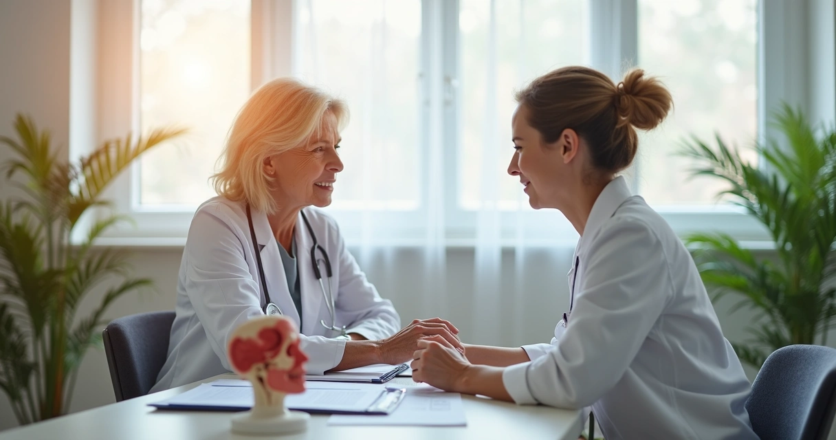 Consulta entre médico e paciente focando em plano de tratamento de câncer 