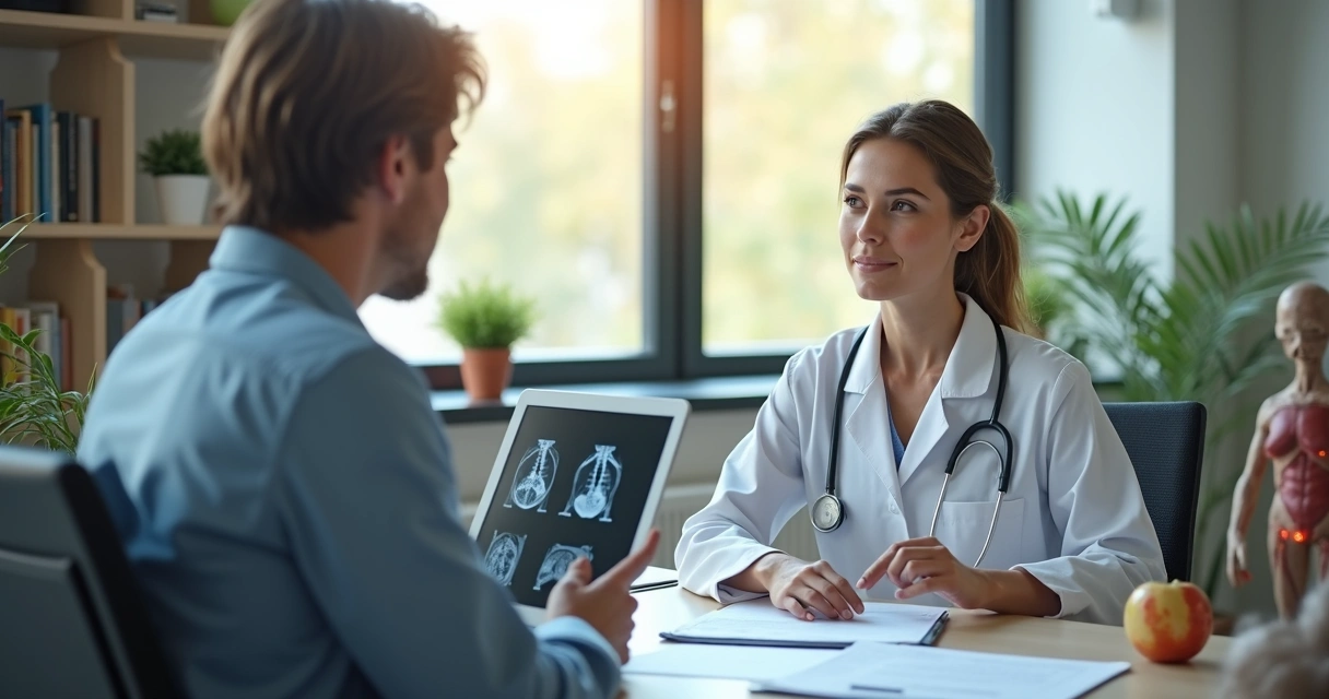Médica oncologista em consultório atendendo paciente adulto em ambiente acolhedor e moderno 