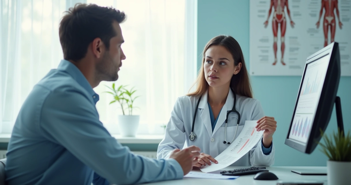 Médica oncologista conversando com paciente em consultório. 