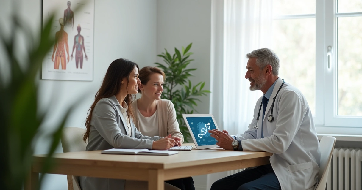 Médico oncologista conversando com paciente e familiar em consultório moderno 