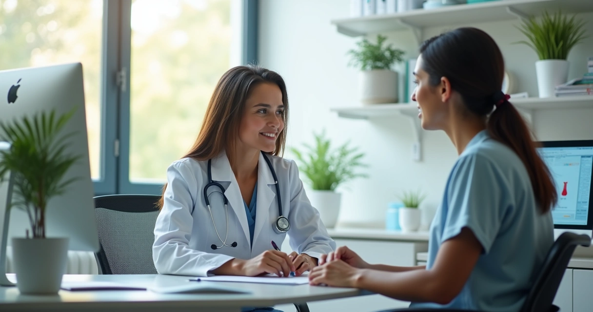 Médica oncologista em consultório conversando com paciente, ambiente acolhedor com luz natural e equipamentos médicos ao fundo 