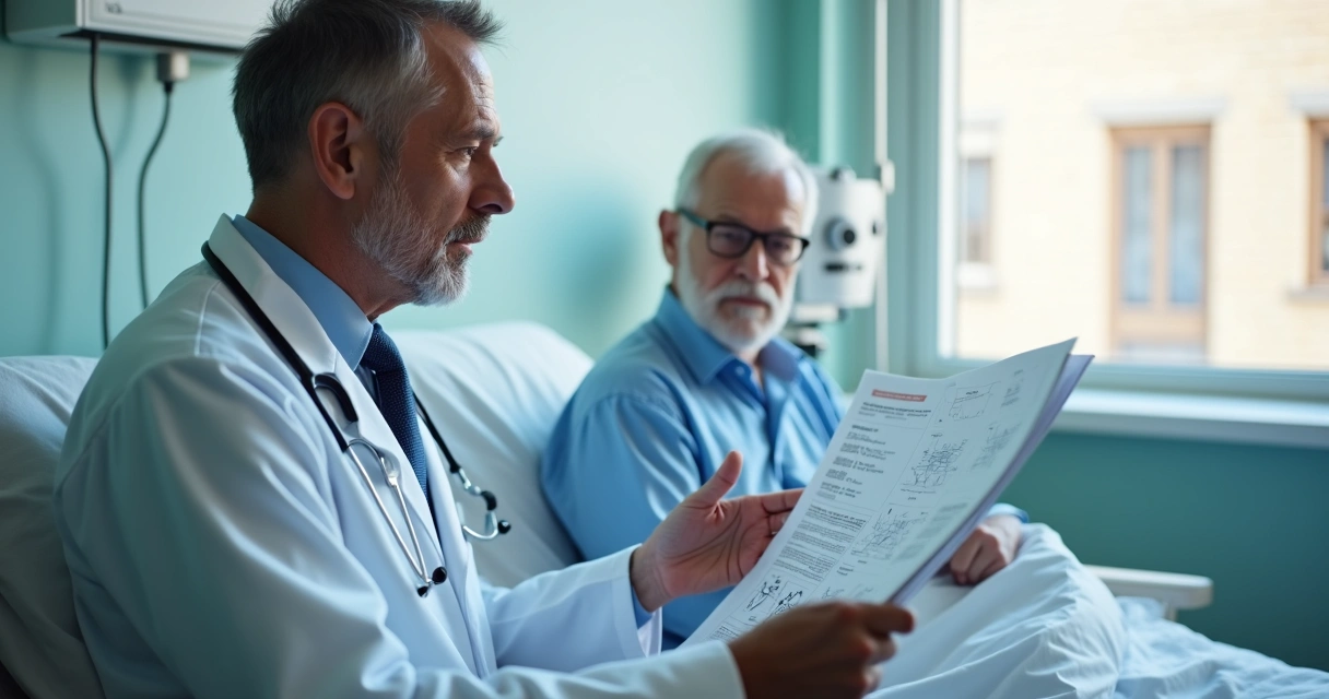 Oncologista avaliando paciente idoso em hospital para prescrição de medicamento 