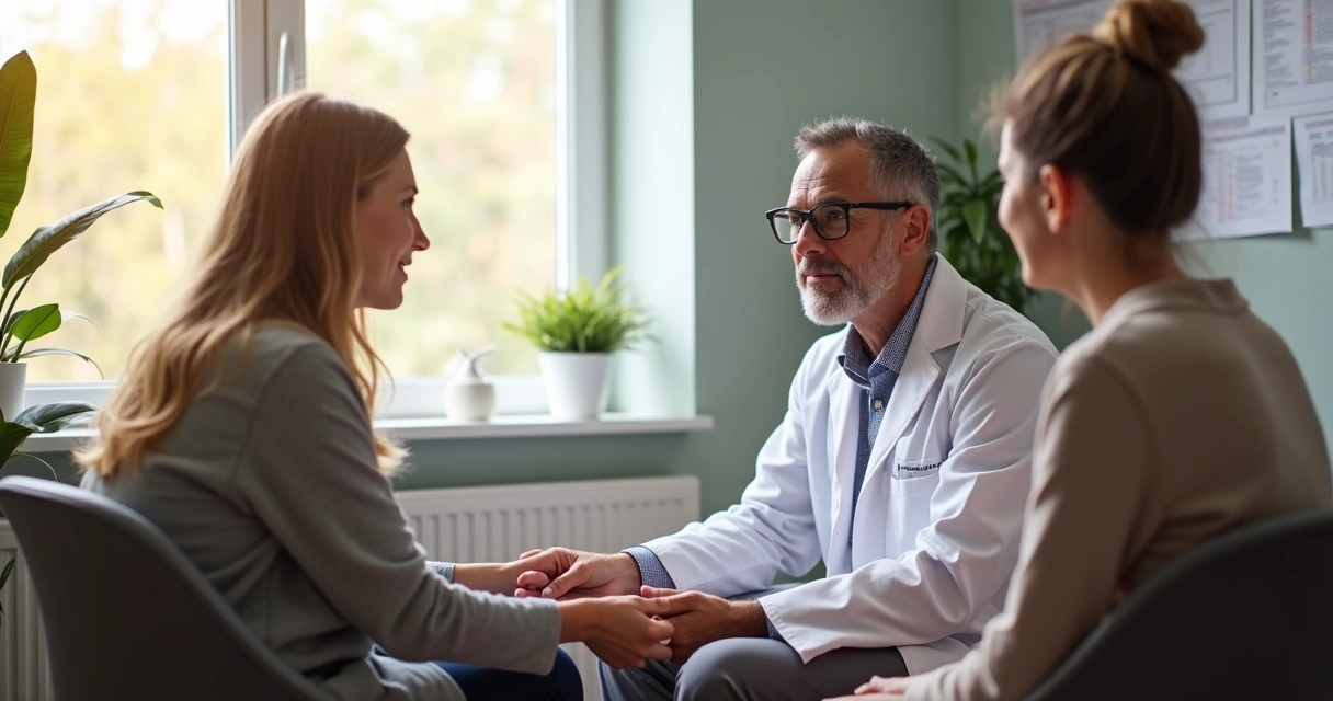Oncologista em consulta humanizada com paciente e família 