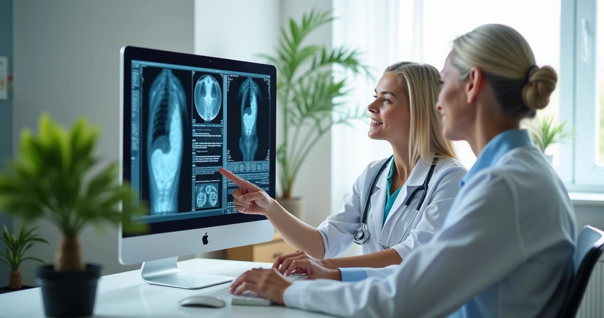 Oncologista conversa com paciente sobre exame de mama 