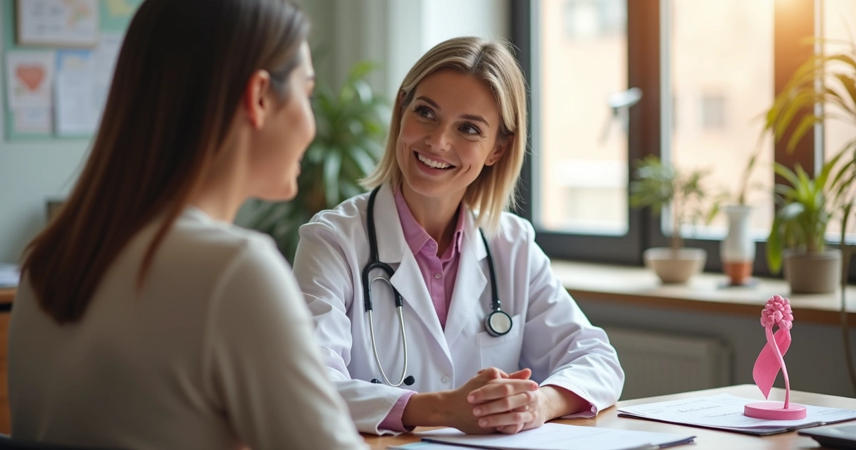 Médica atendendo paciente mulher em consulta sobre câncer de mama