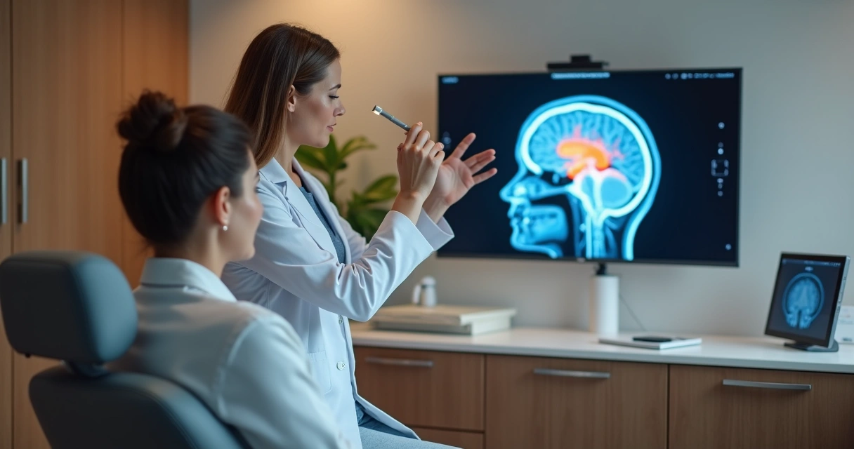 Paciente em exame neurológico com oncologista observando imagem cerebral em tela 