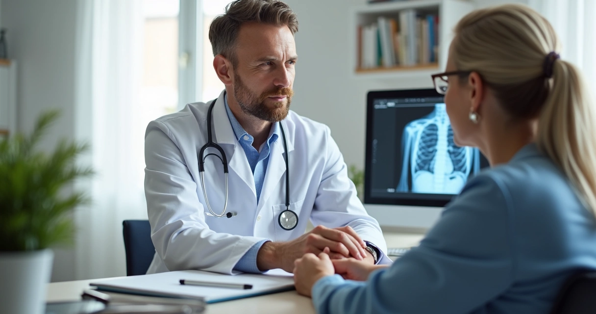 Consulta entre paciente e oncologista segurando mãos em consultório 