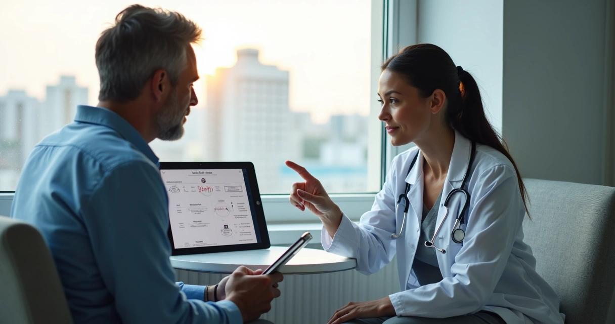 Consulta entre oncologista e paciente adulto olhando exames juntos 