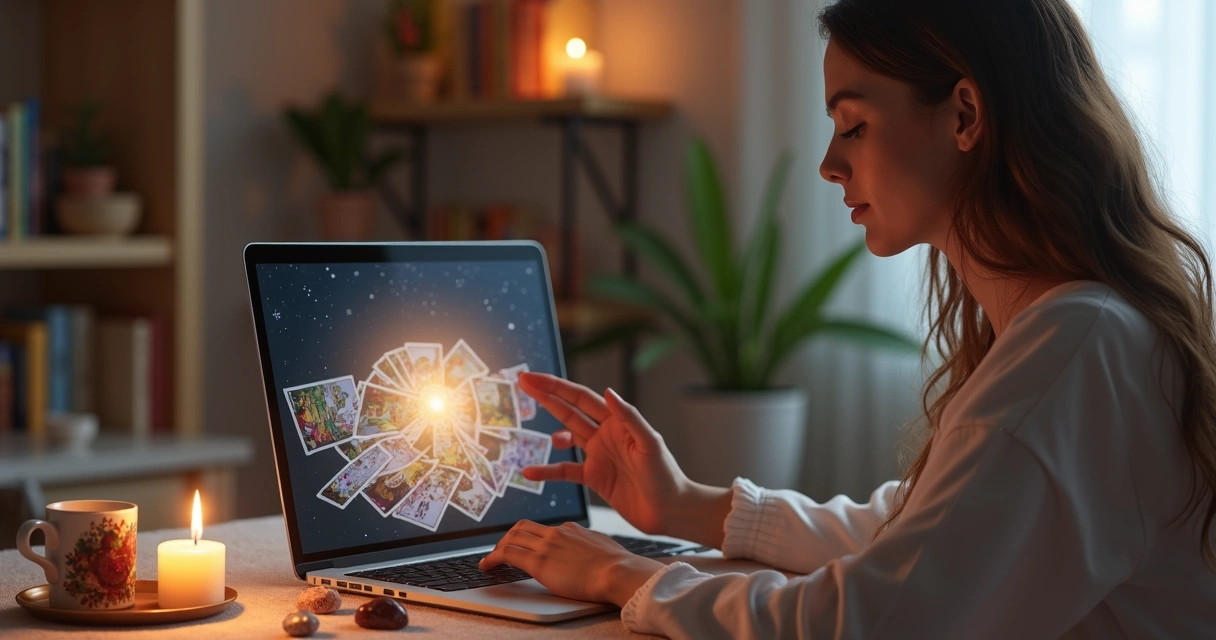 Pessoa consultando Lenormand online com computador esotérico 