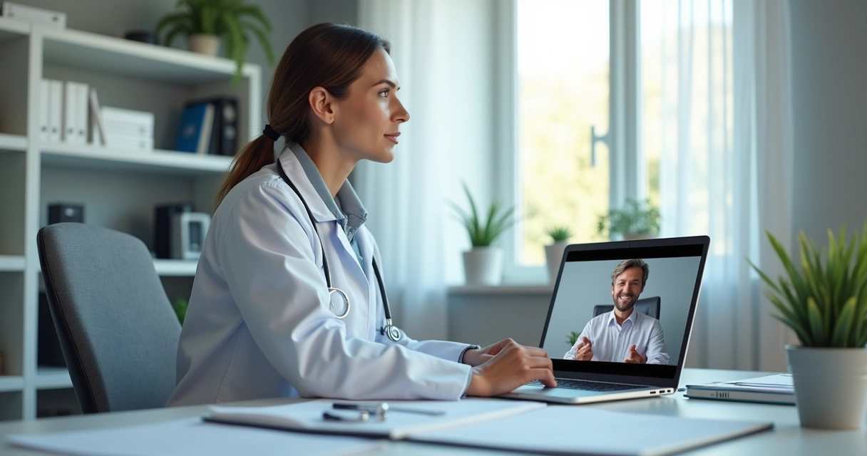 Médico em consulta online em um ambiente organizado 