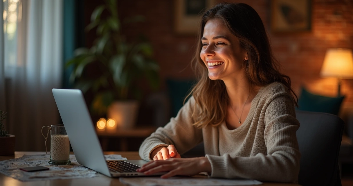 Consulta online de oráculo dos anjos, mulher sorrindo ao notebook 