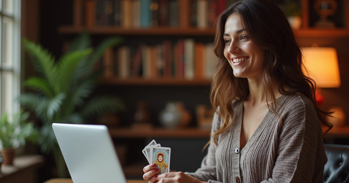 Mulher sorrindo em chamada de vídeo para consulta de baralho cigano