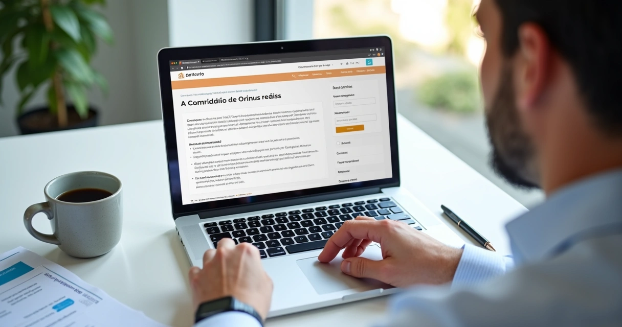 Pessoa consultando certidão de ônus reais no site oficial do cartório, com documentos e notebook sobre mesa iluminada 