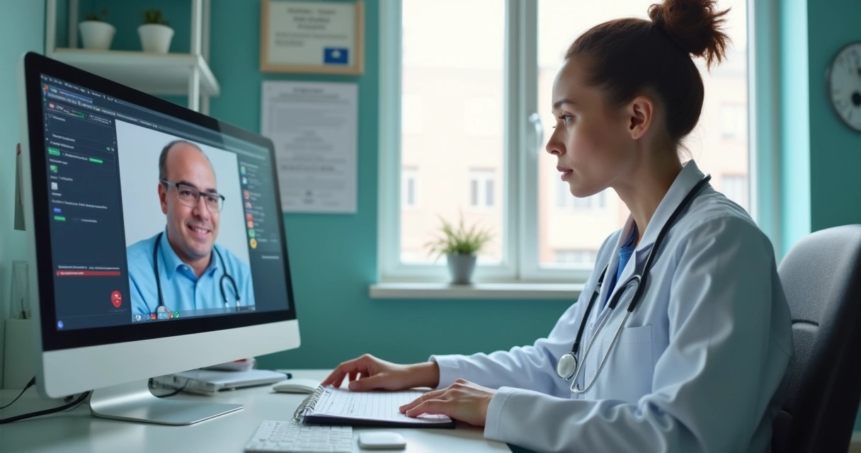 Médico realizando teleconsulta em clínica usando computador 