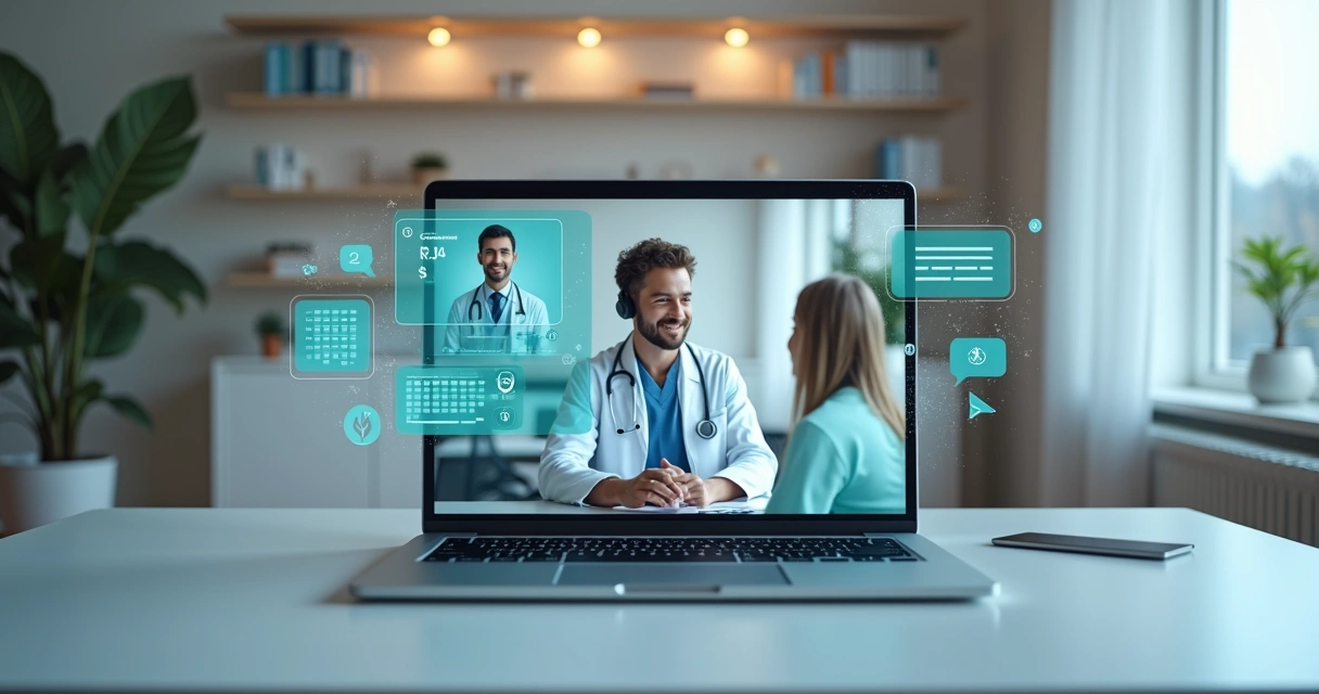Tela de videoconsulta mostrando médico e paciente com elementos digitais de gestão de clínica 