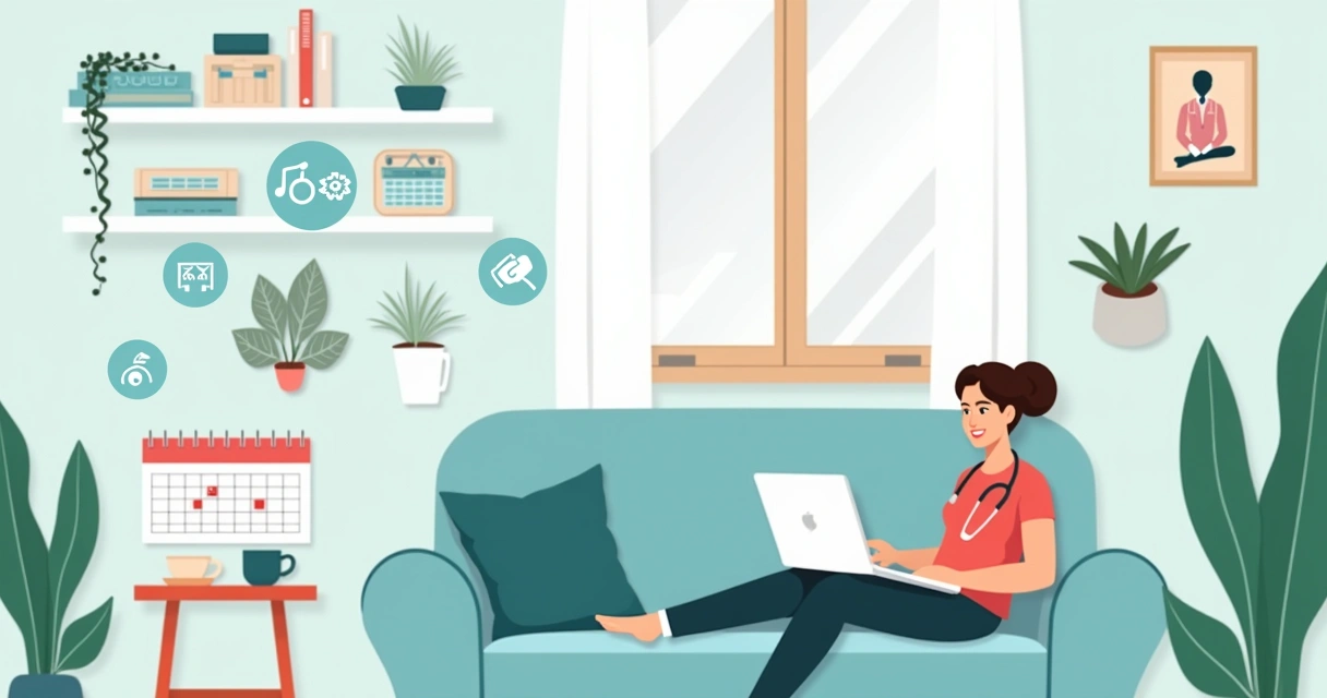 Uma pessoa em um sofá confortável conduzindo uma consulta online, com um ambiente acolhedor e elementos relaxantes ao redor.