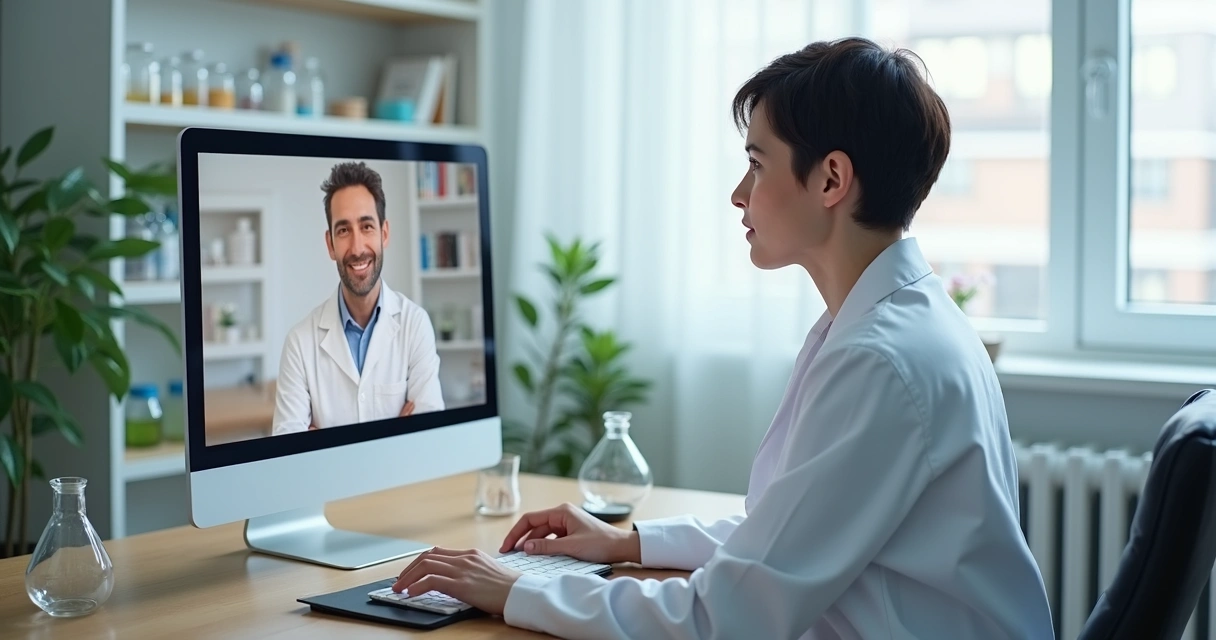 Farmacêutico sentado em mesa, computador aberto, rosto atento, escutando paciente pelo vídeo