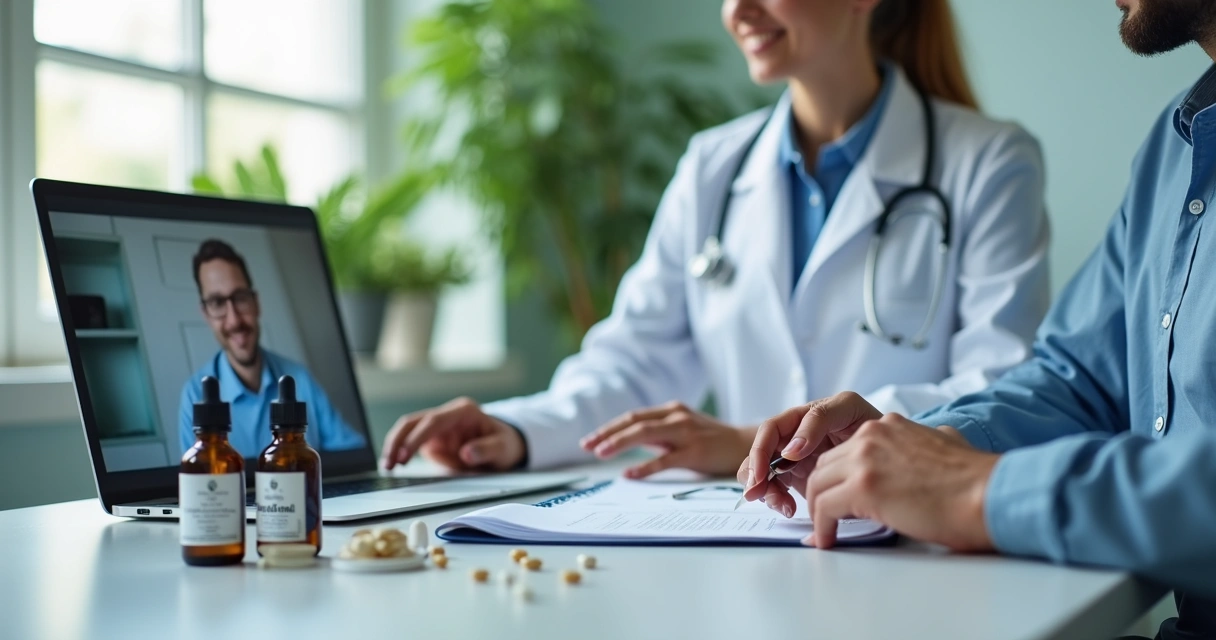 Médico atendendo paciente online em notebook, com frascos de canabidiol na mesa 